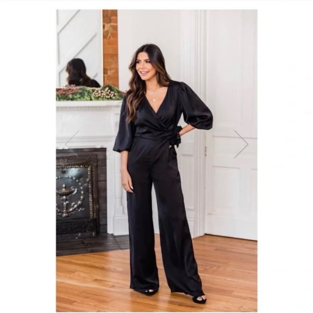 Black Satin Pink Lily Jumpsuit in Small